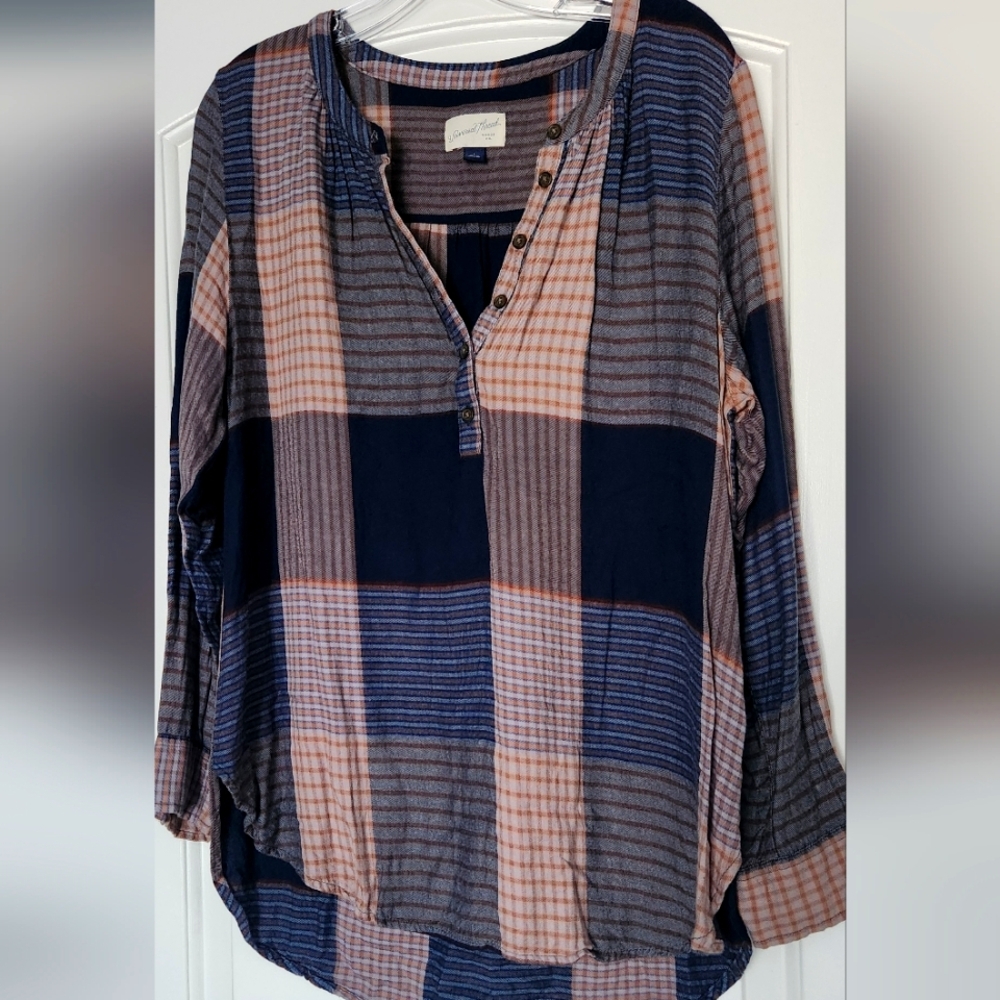 Universal Thread Navy and Orange Plaid Button-Down Shirt